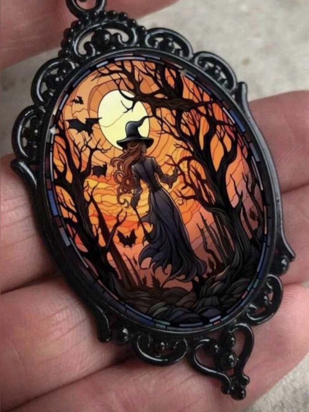 Witch Silhouette Pendant Necklace in Black and Orange Halloween necklace